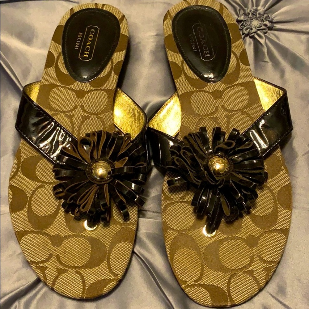 Brown patent Coach flip flop